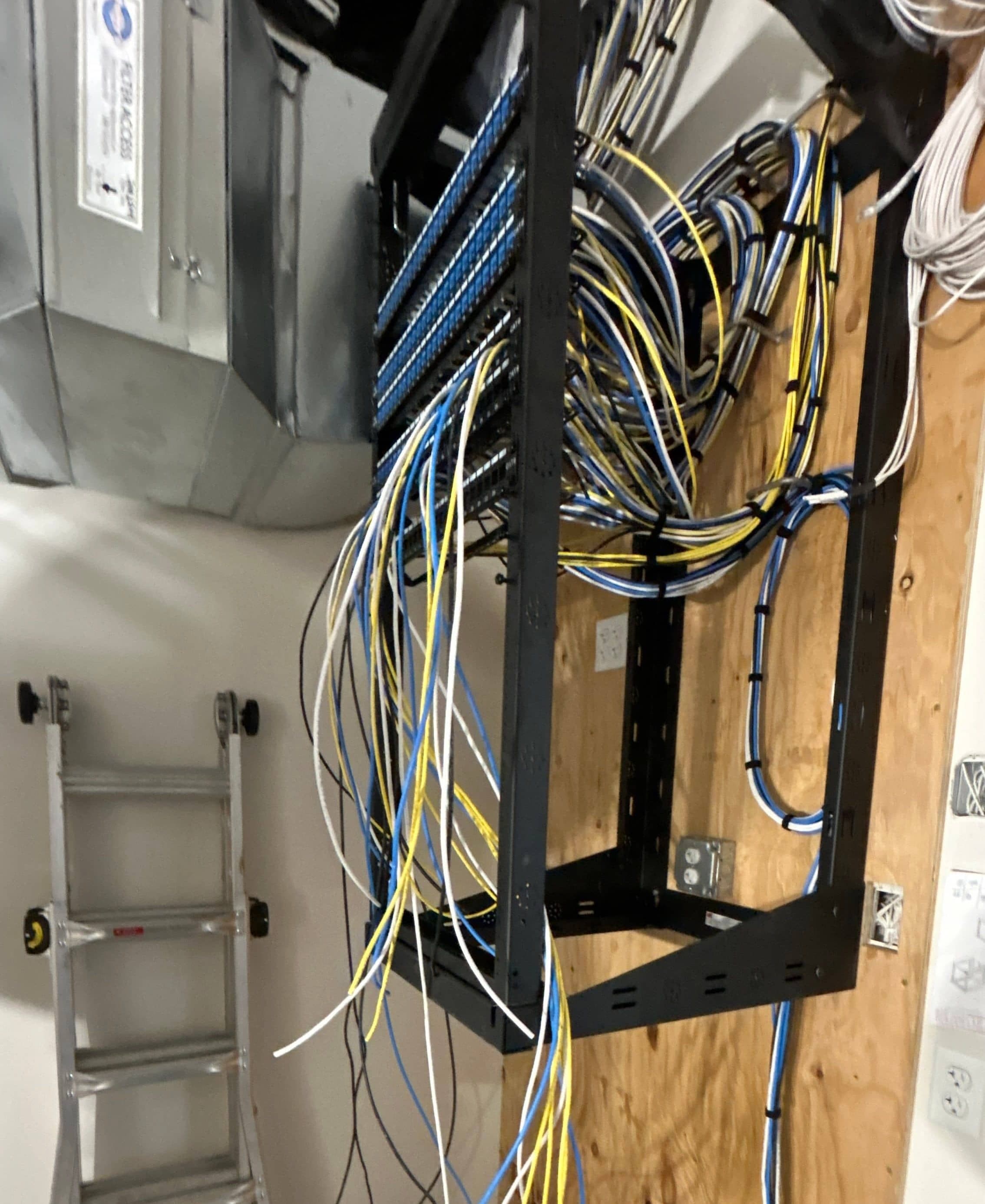 Network trim-out with cabling terminated and tested on a new construction project